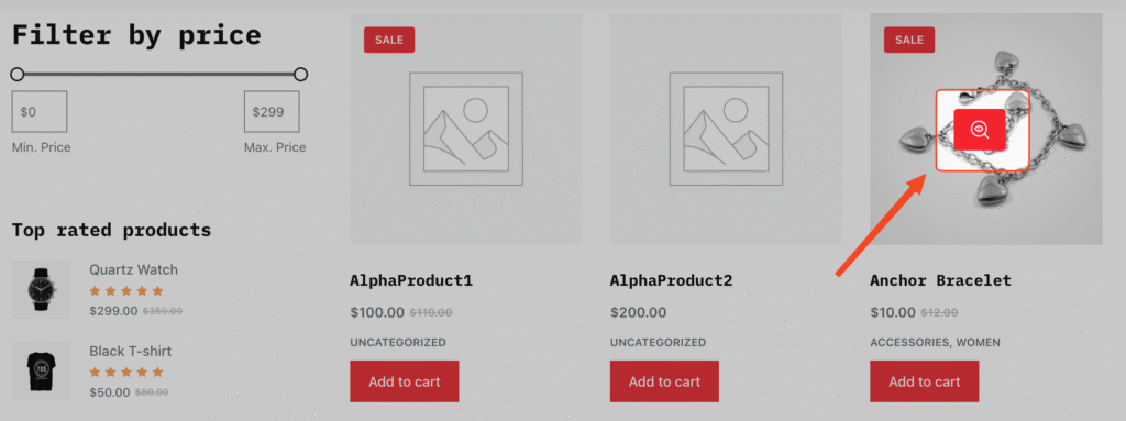 This image highlights the Quick View Icon in the product Page