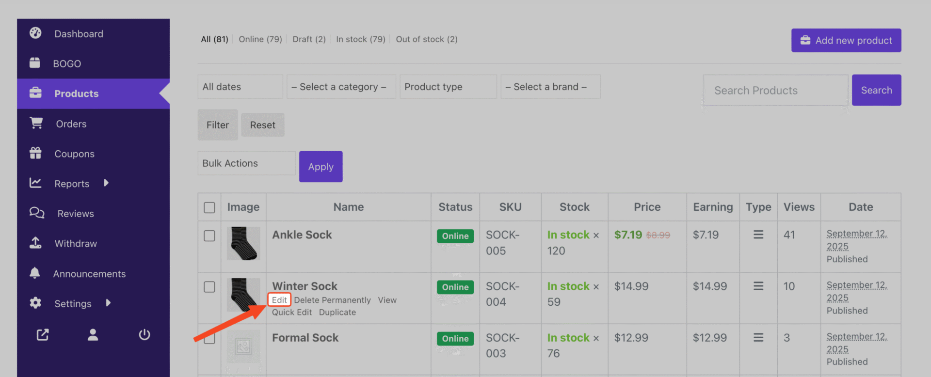 This image highlights how to edit a Product in the Dokan Vendor Dashboard
