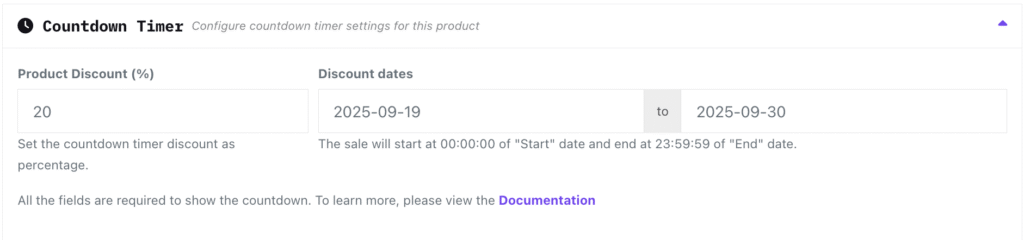 This image highlights the Countdown Timer Settings in Dokan Vendor Dashboard Product page