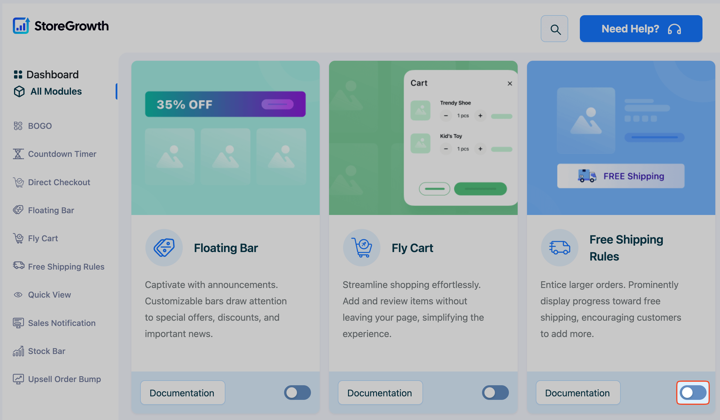 This image highlights the Free Shipping Rules module of StoreGrowth Plugin