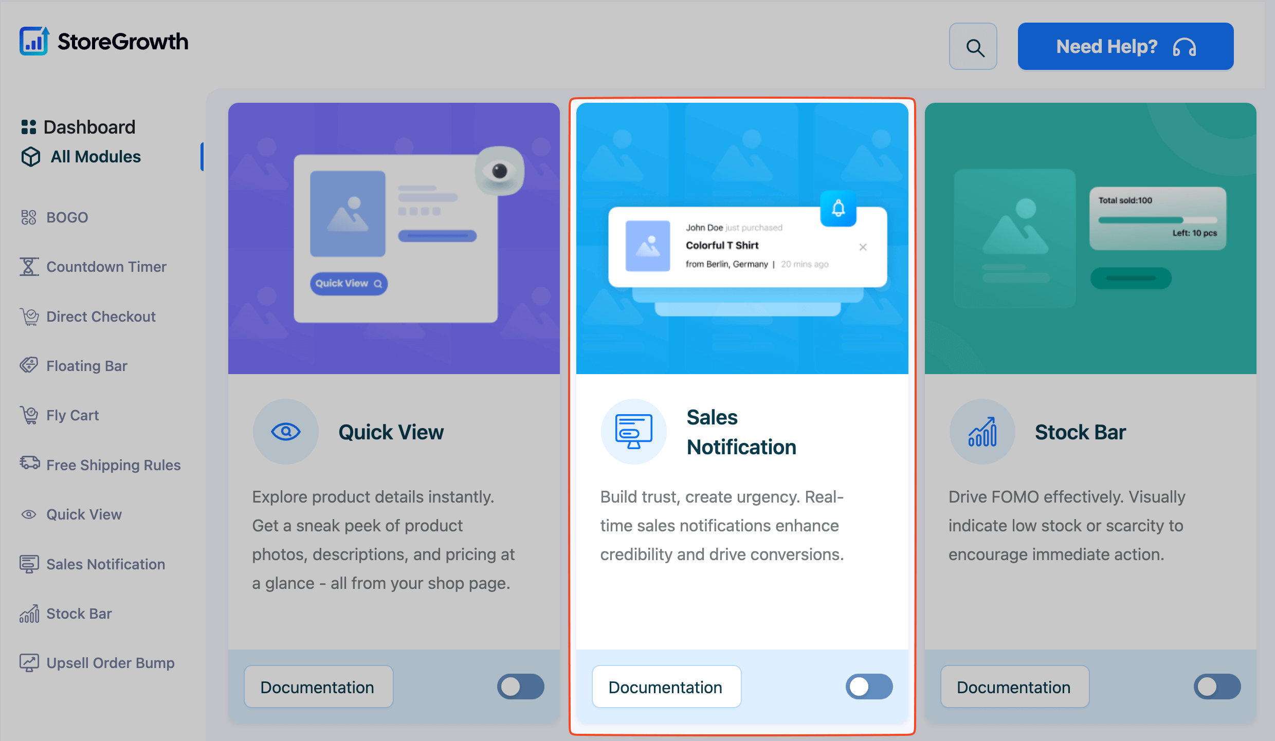 This image highlights the Sales Notification Module in StoreGrowth Plugin