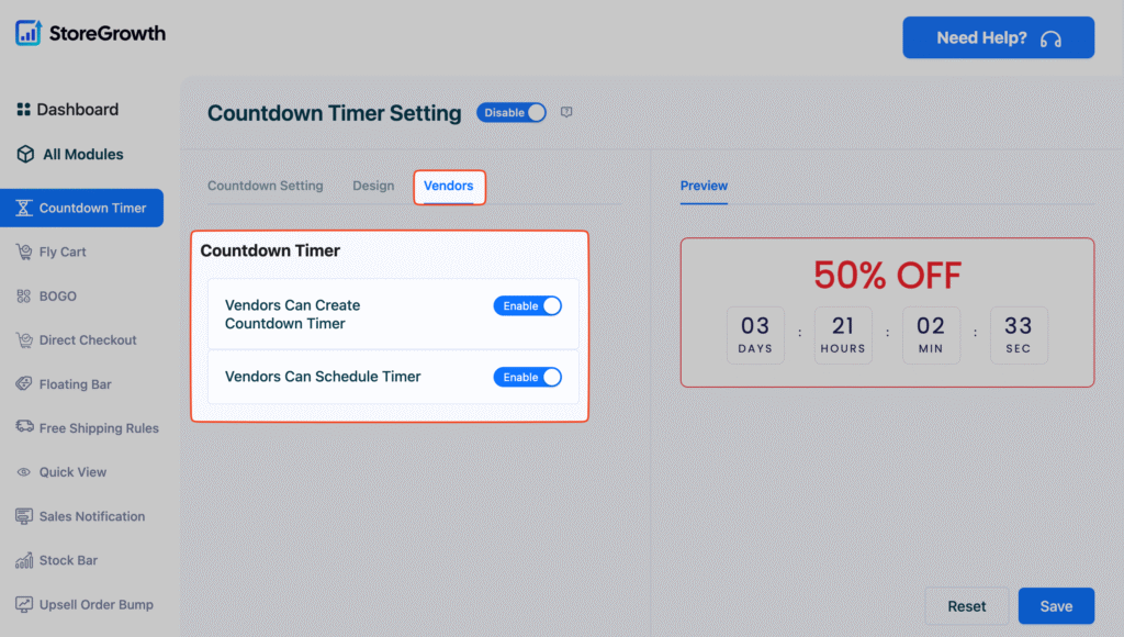 This image highlights the countdown timer settings in StoreGrowth