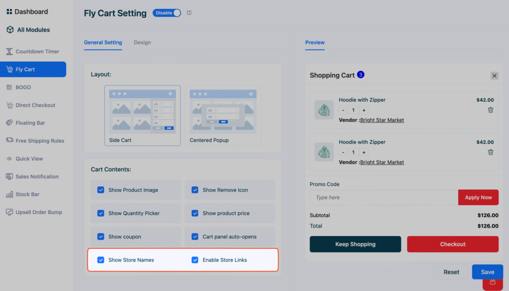 This image highlights the new Fly Cart Vendor settings in StoreGrowth