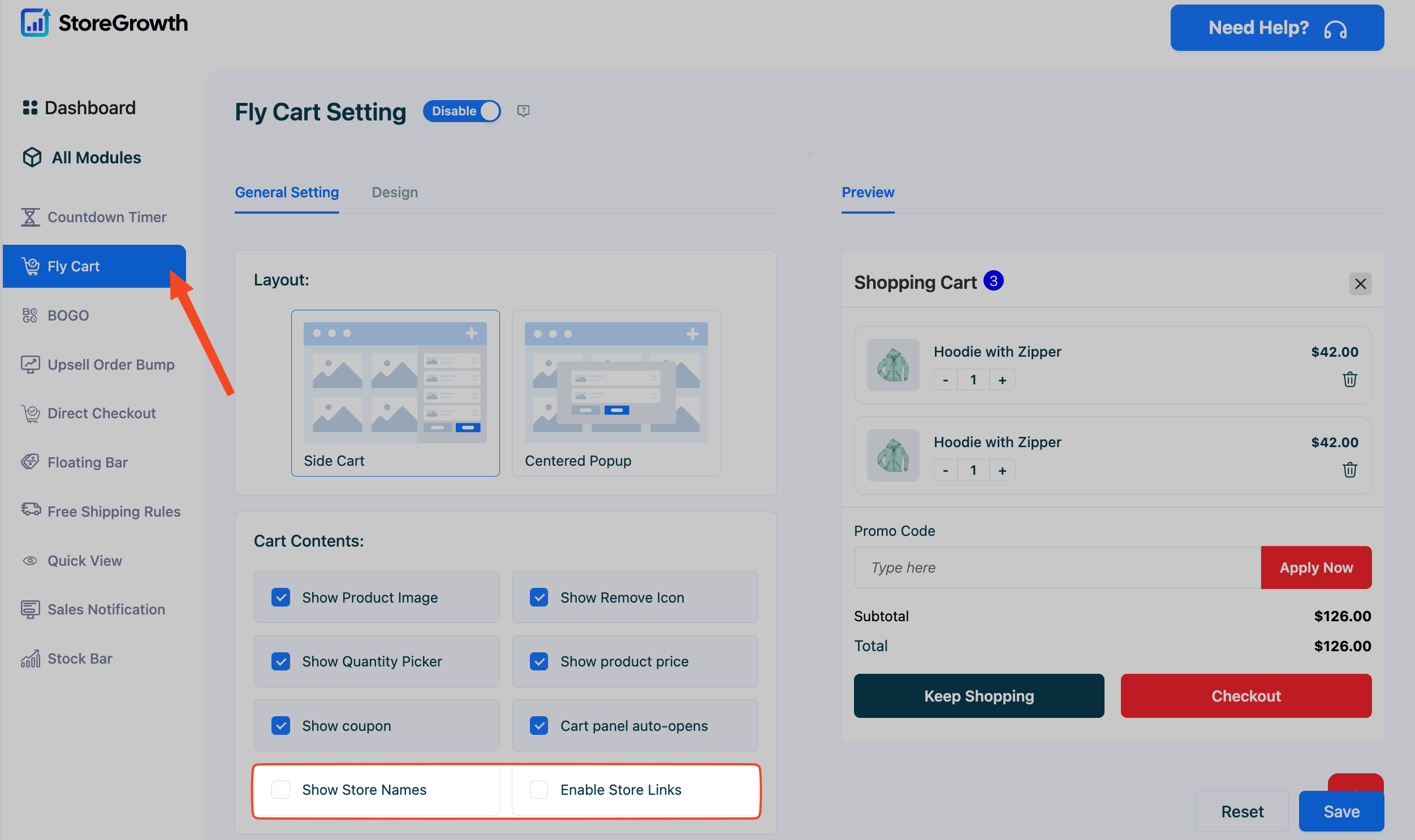 This image highlights the new settings in Fly Cart module in StoreGrowth