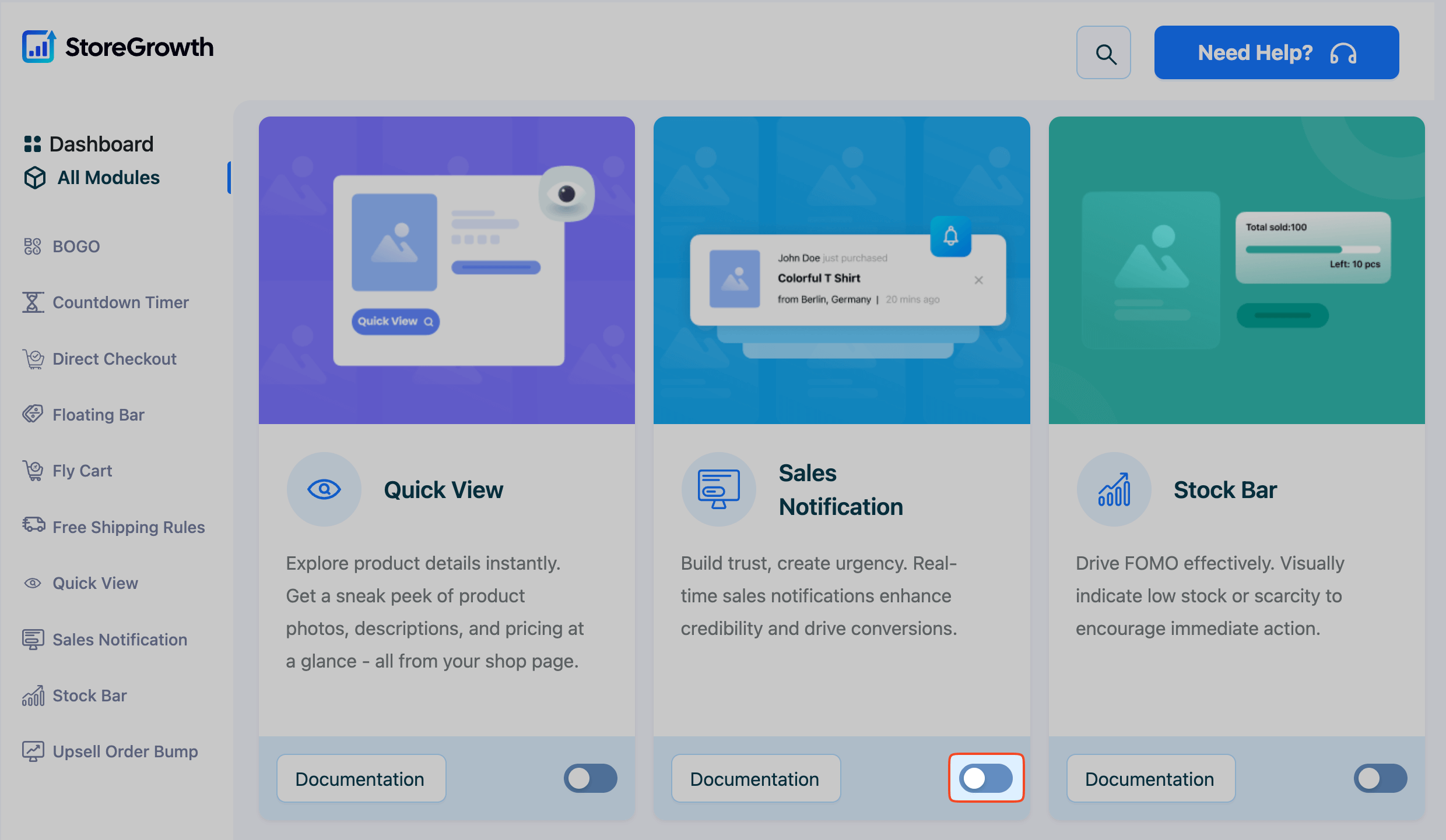 This image highlights the toggle on off for Sales Notification module in StoreGrowth plugin for WooCommerce