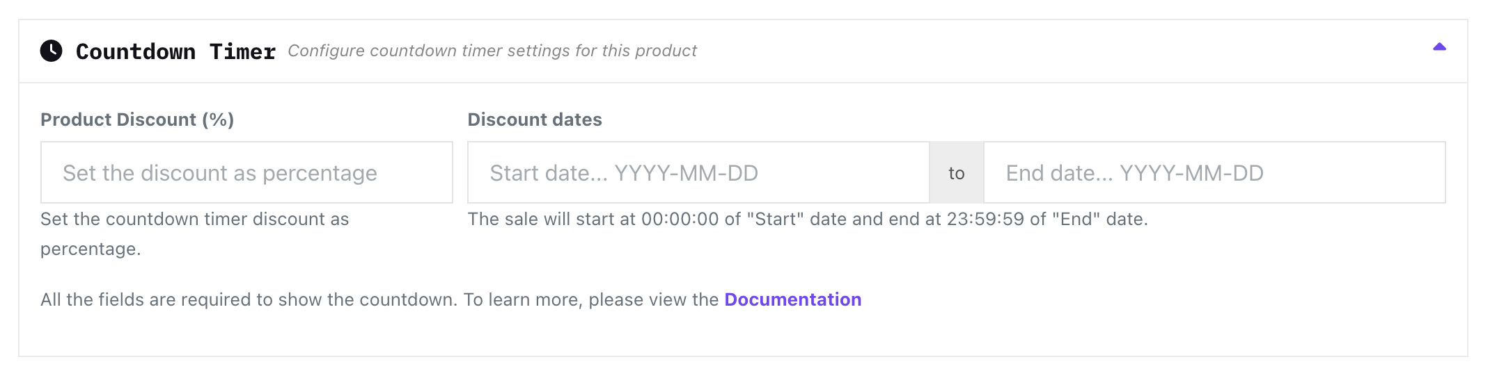 This image show the Countdown Timer section in Dokan Vendor Dashboard product page