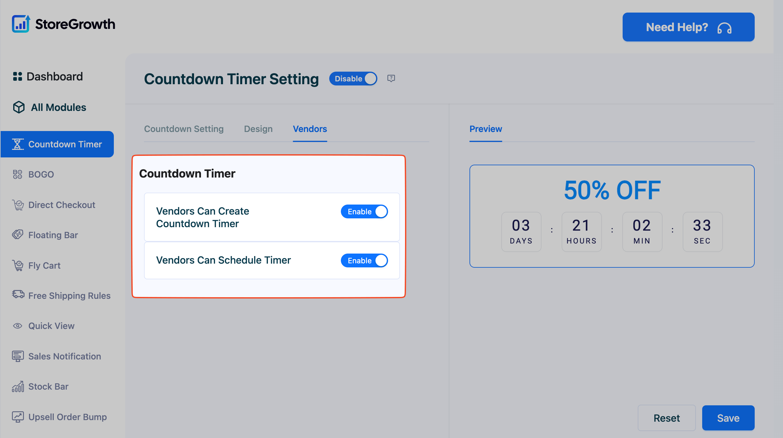 This image shows The countdown timer settings in StoreGrowth