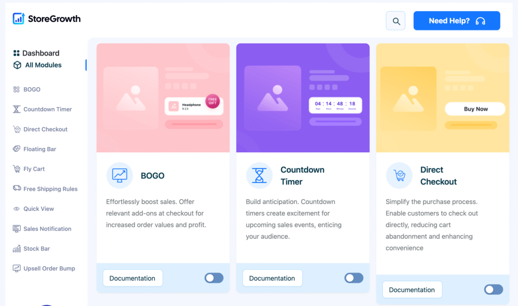 This image shows all the modules in StoreGrowth