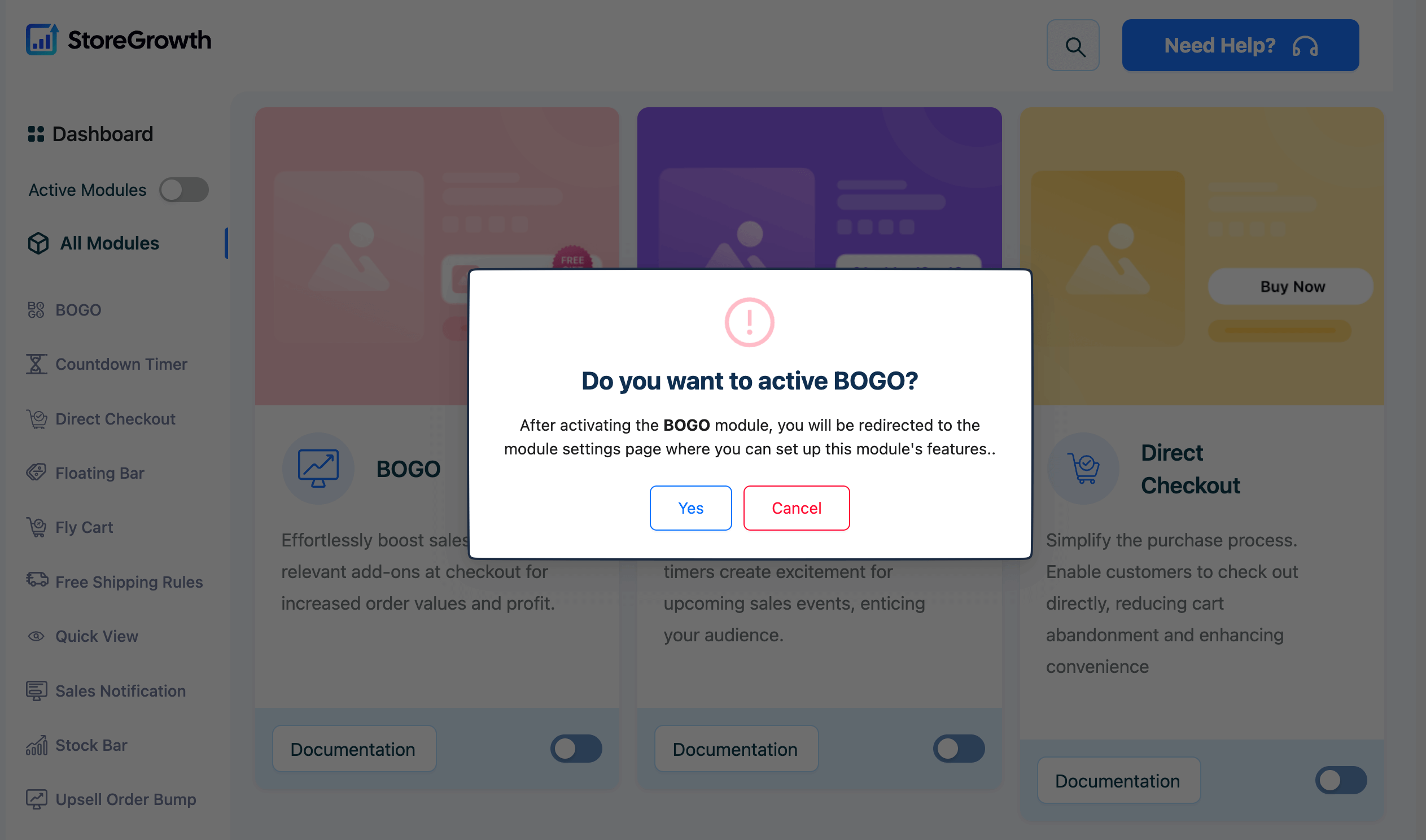 This image shows how to activate BOGO module in StoreGrowth