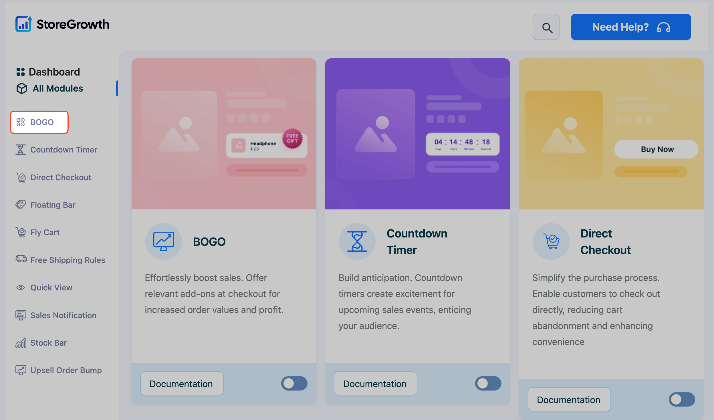 This image shows how to activate a StoreGrowth module using the sidebar