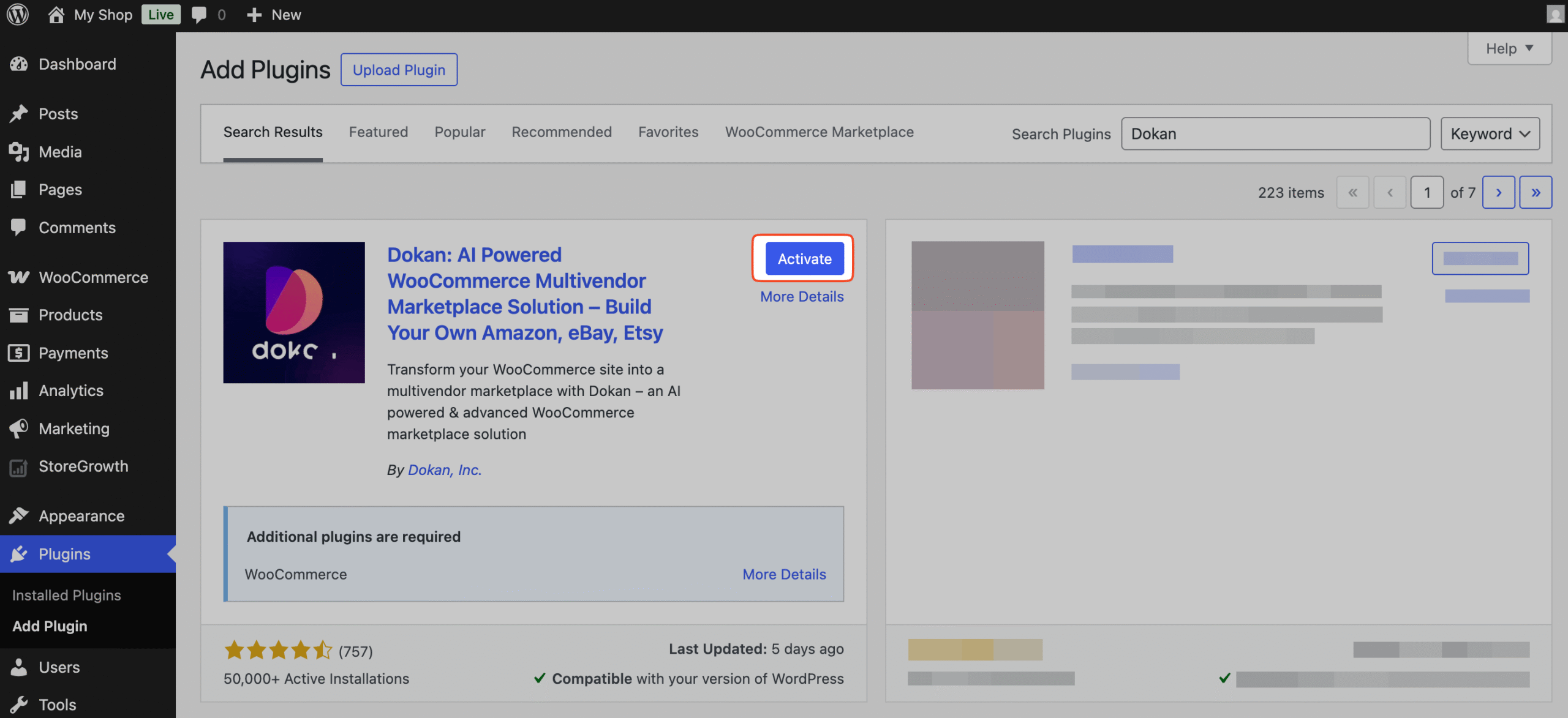 This image shows how to activate the Dokan Multivendor Plugin in Wordpress