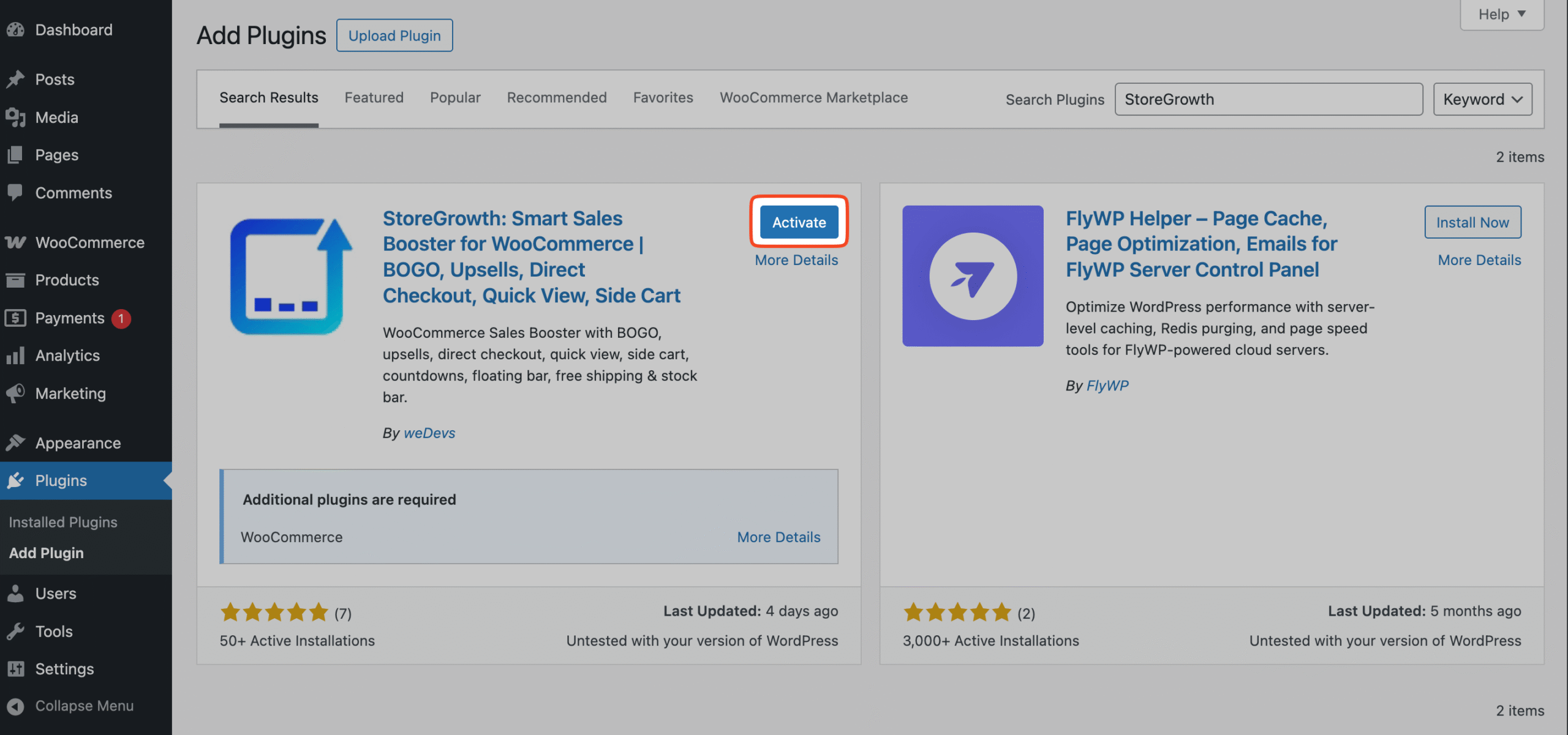 This image shows how to activate the StoreGrowth plugin in WP dashboard