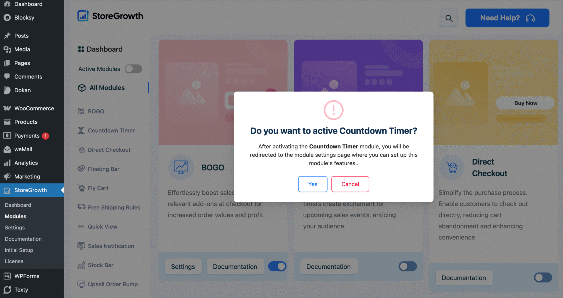 This image shows how to activate the countdown timer in StoreGrowth