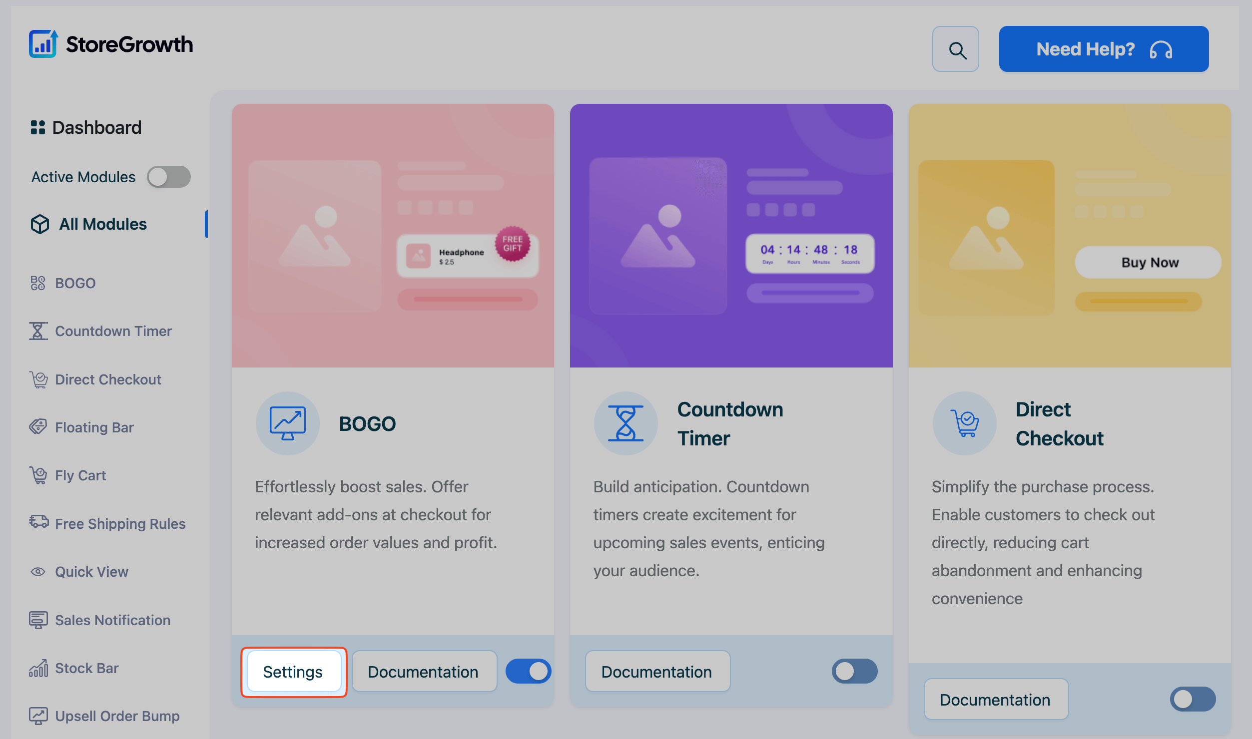 This image shows how to deactivate a module by clicking on the module settings