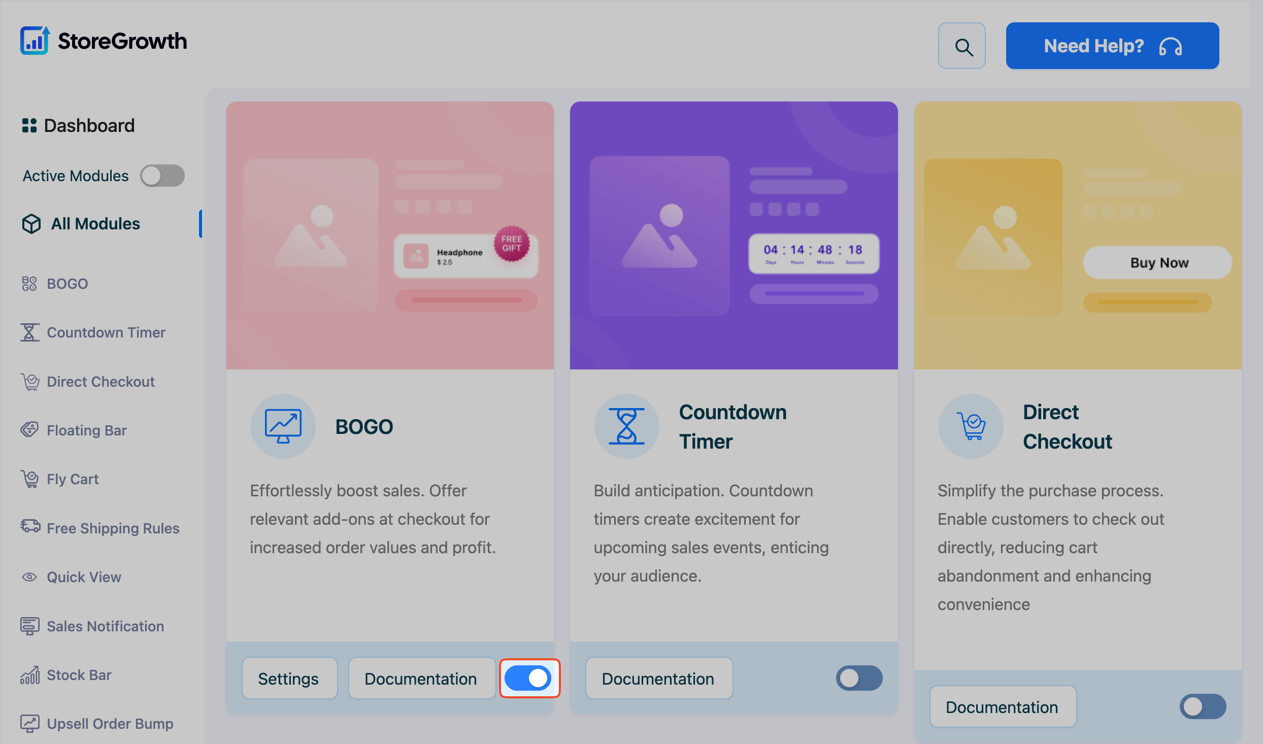 This image shows how to deactivate a module by clicking on the toggle