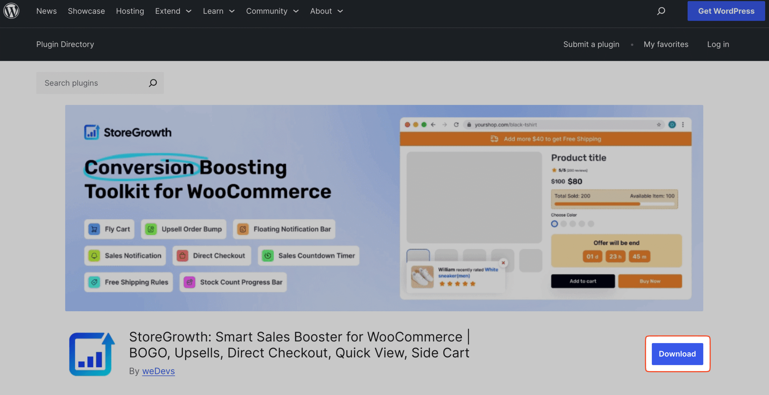 This image shows how to download the StoreGrowth plugin from WordPress.org plugin directory