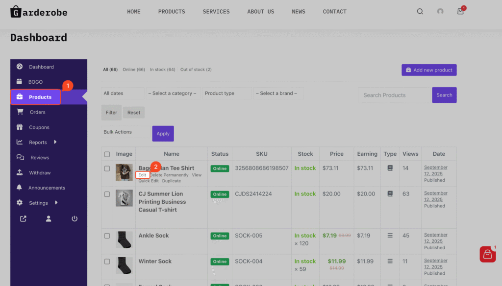 This image shows how to edit a product in Dokan Vendor Dashboard