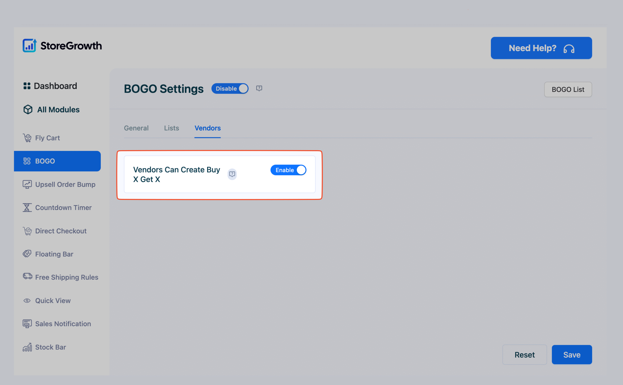 This image shows how to enable BOGO settings in StoreGrowth for Vendors