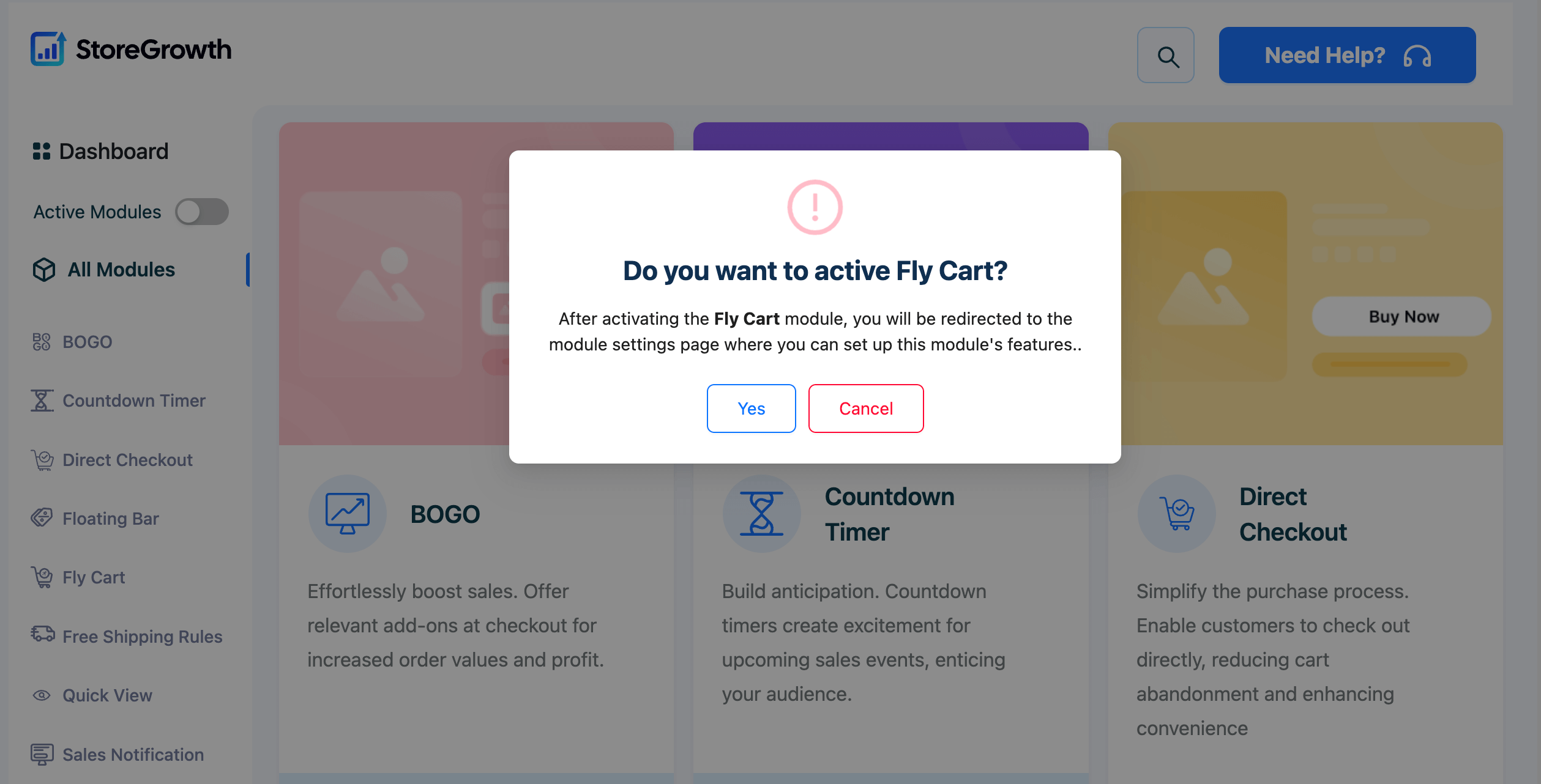 This image shows how to enable the Fly Cart module in the StoreGrowth settings