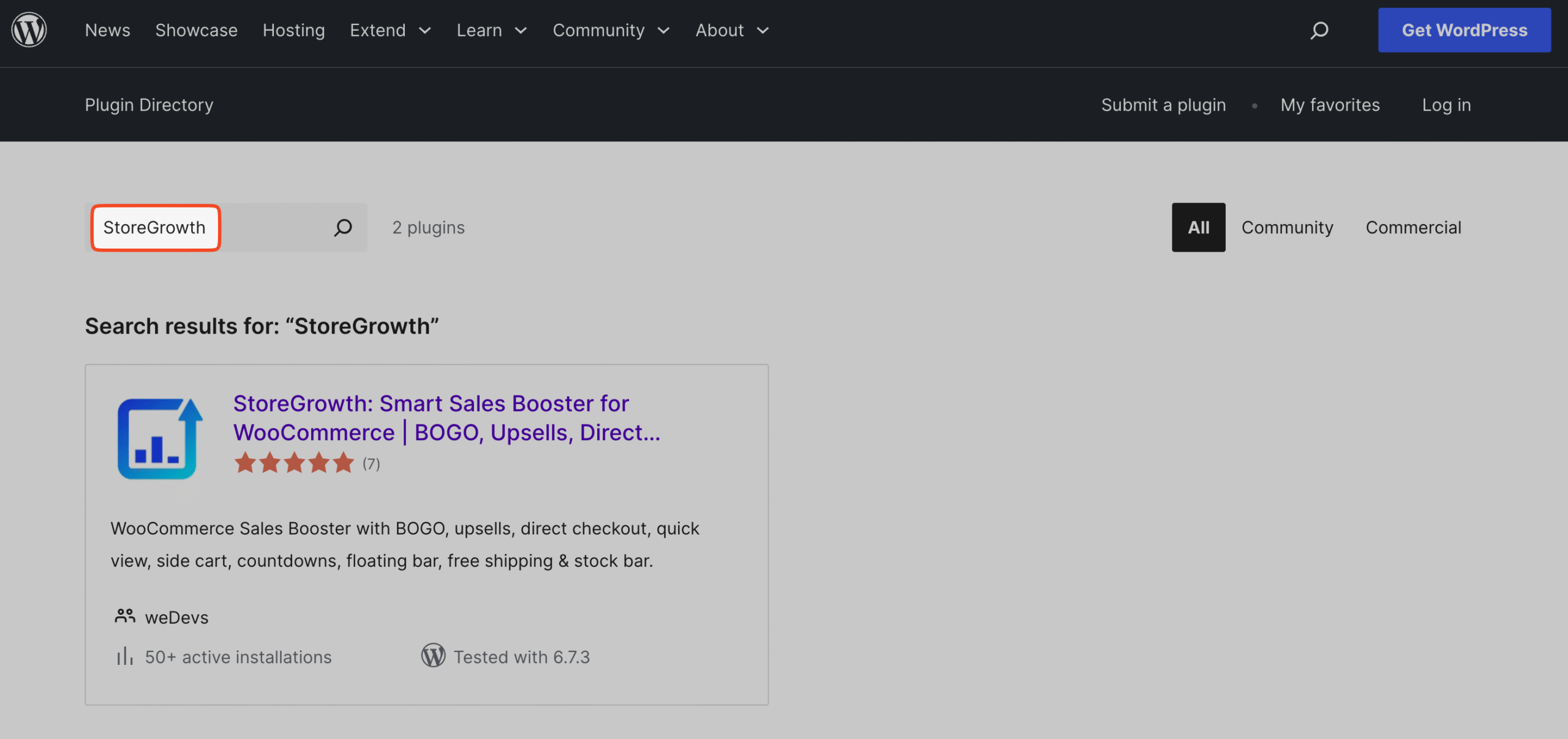 This image shows how to find the StoreGrowth plugin in WordPress.org plugin directory