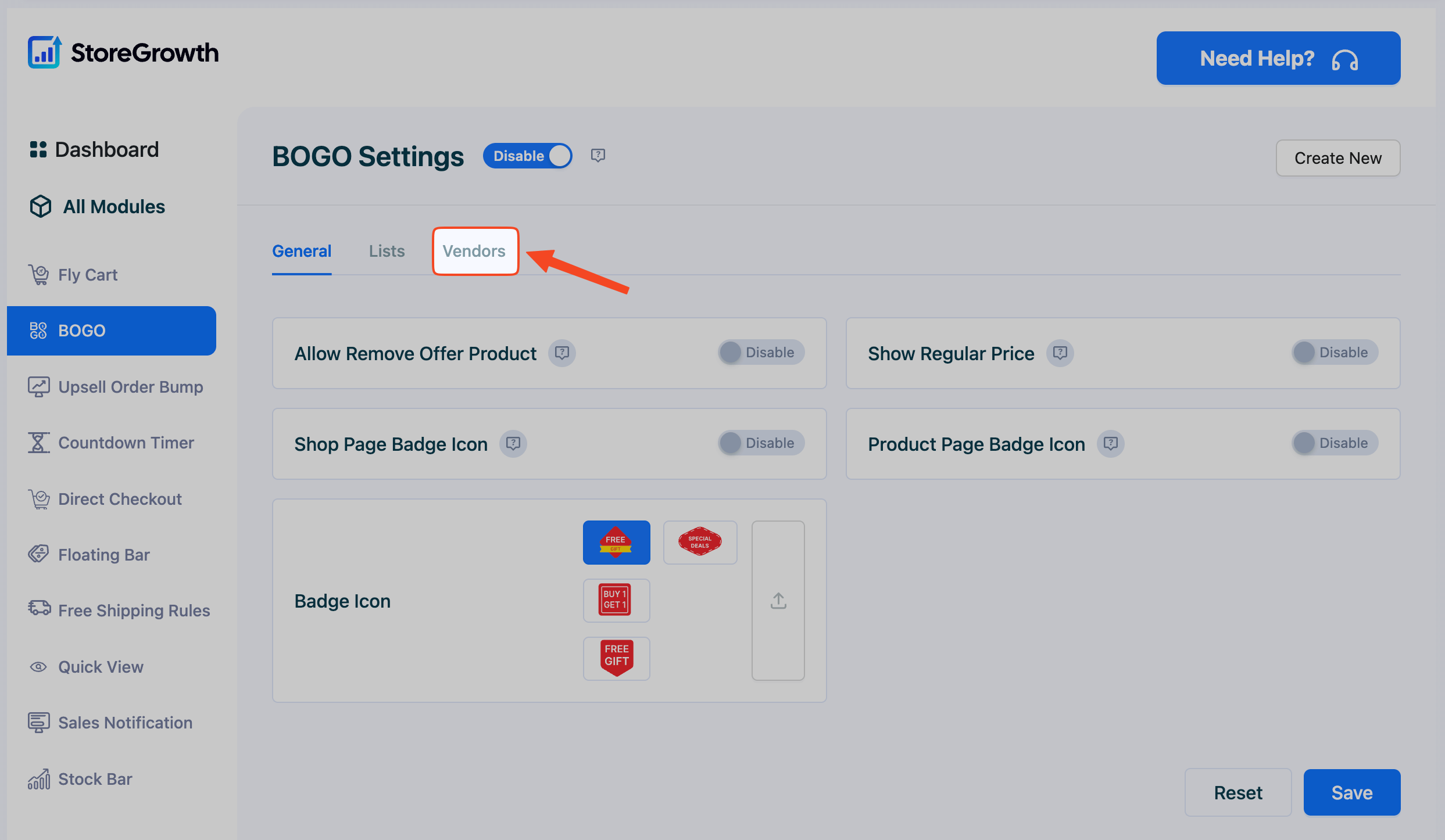 This image shows how to find the vendors tab in BOGO settings in StoreGrowth