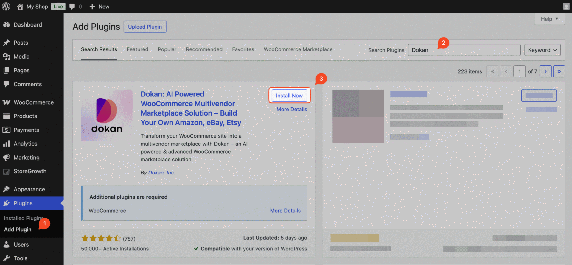 This image shows how to install Dokan plugin in WordPress