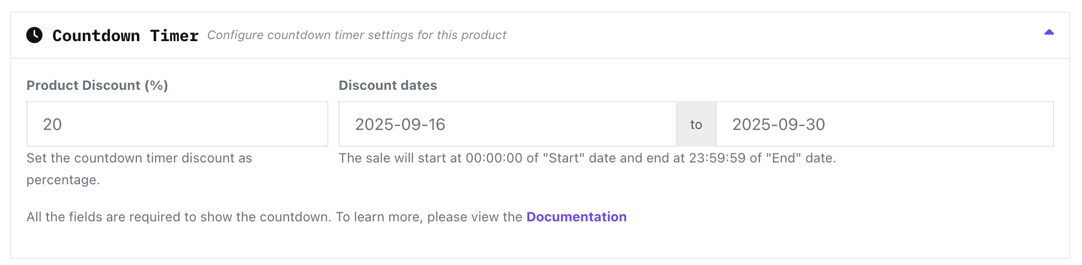 This image shows how to setup a Countdown Timer in Dokan Vendor Dashboard