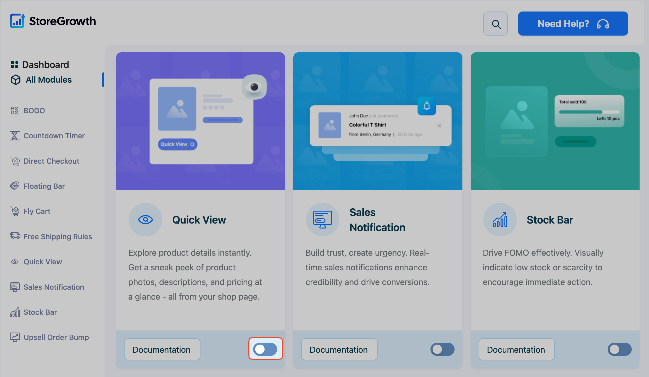 This image shows how to toggle the Quick View Module in StoreGrowth on or off