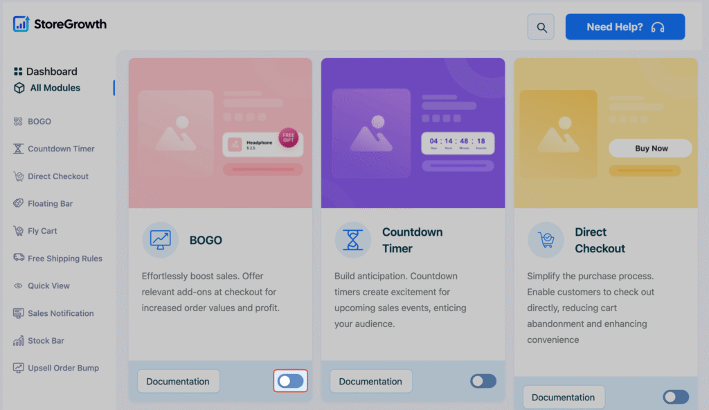 This image shows how to turn on a StoreGrowth module using the toggle
