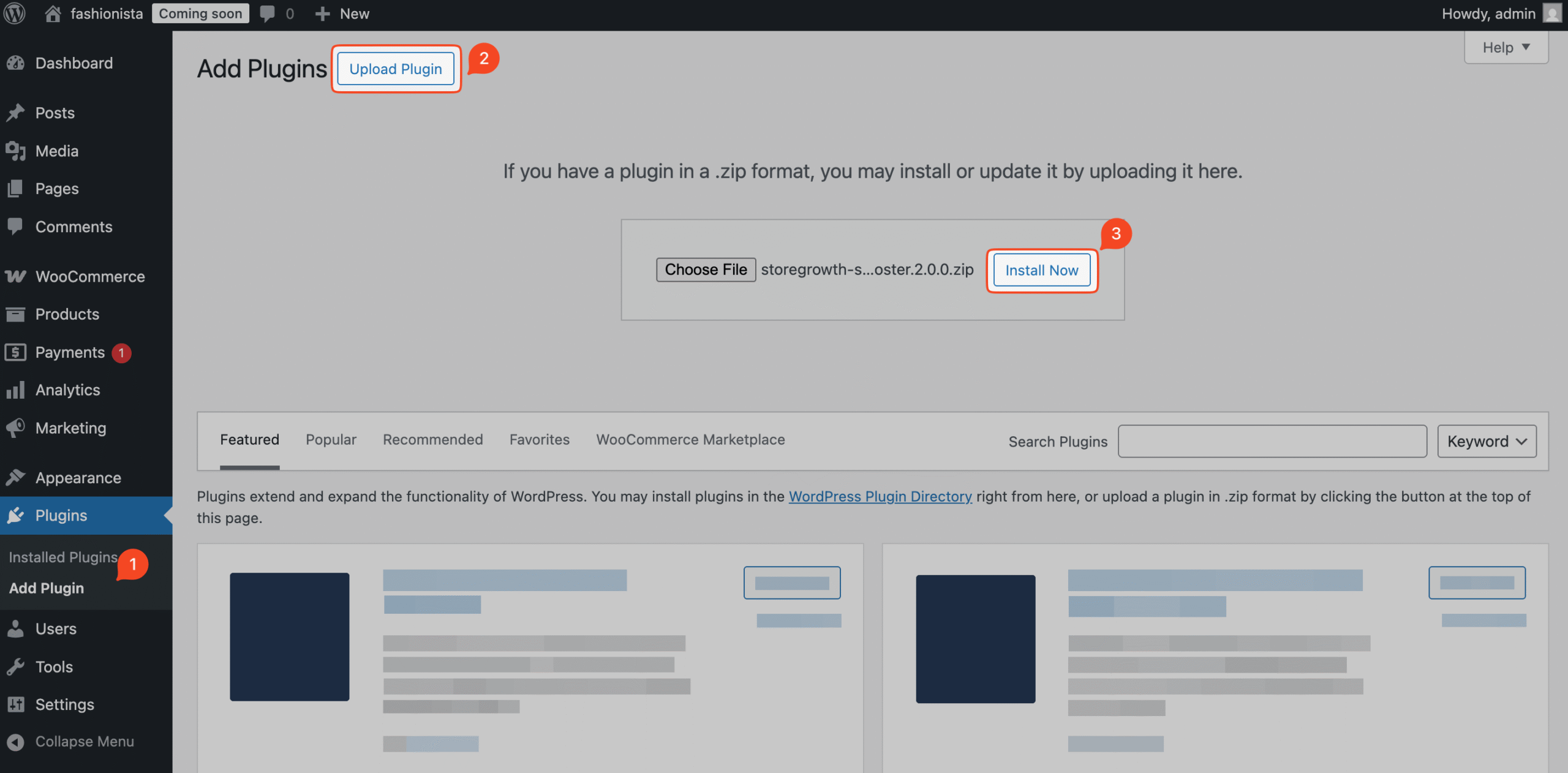 This image shows how to upload the StoreGrowth plugin in WordPress dashboard