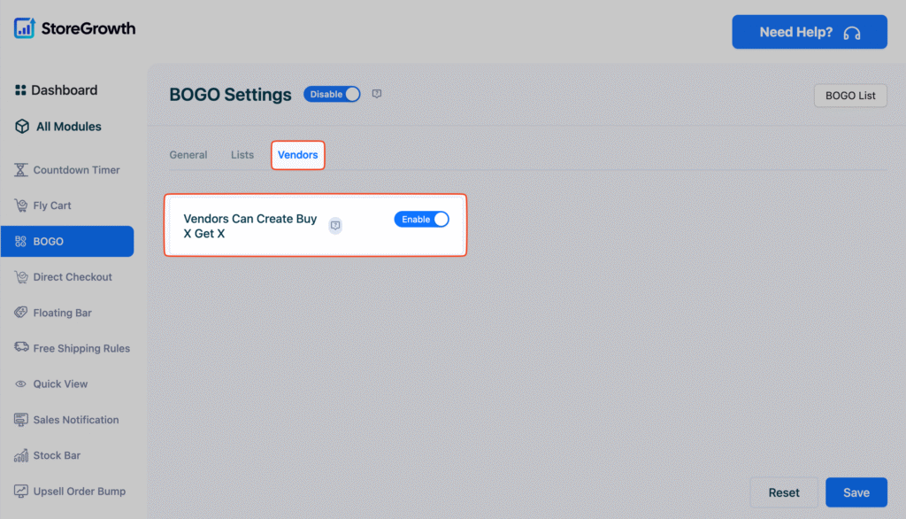 This image shows the BOGO Settings in StoreGrowth Dashboard