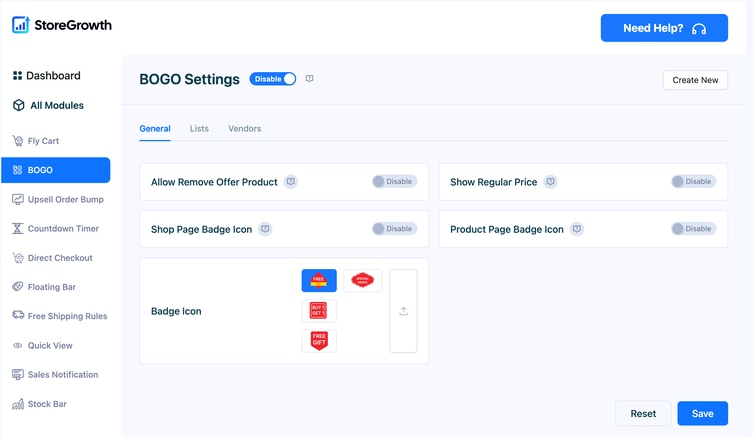 This image shows the BOGO settings tab in StoreGrowth modules