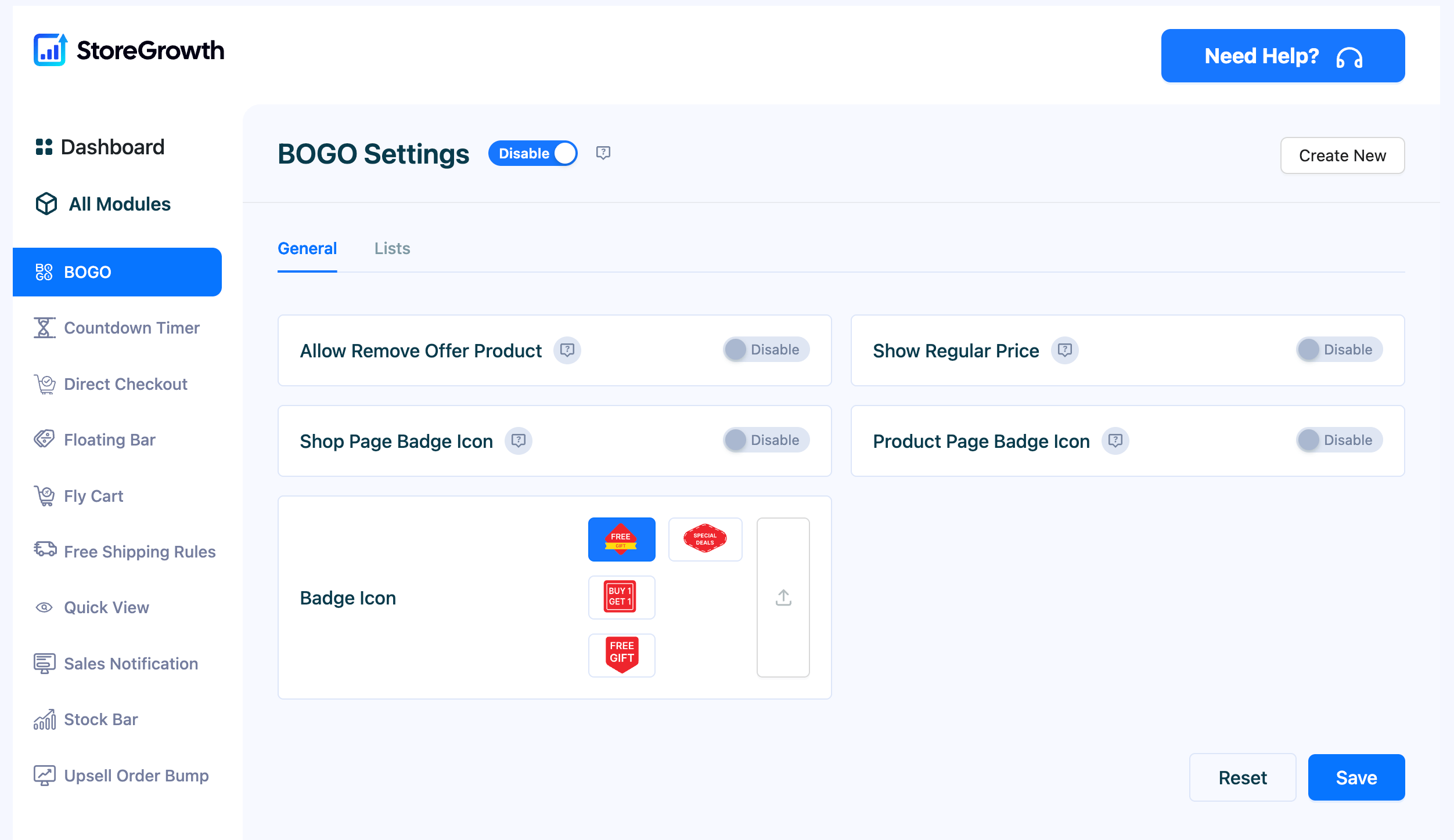 This image shows the BOGO settings tab in StoreGrowth
