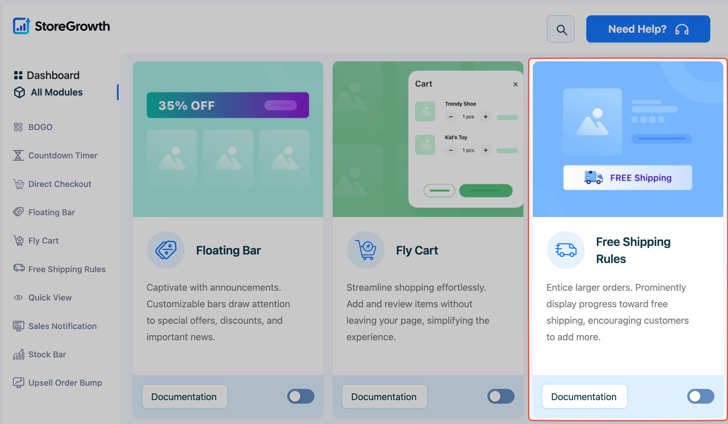 This image shows the Free shipping rules module in StoreGrowth Sales Booster Plugin