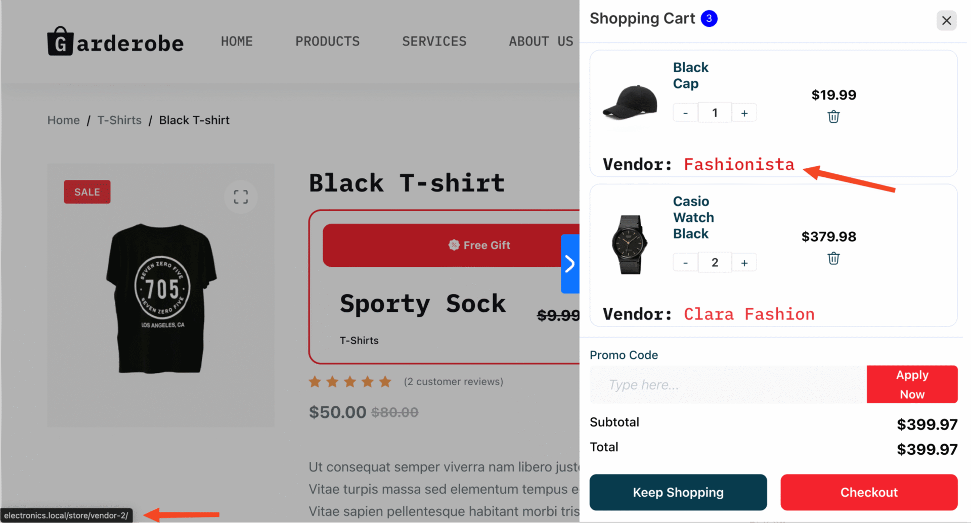 This image shows the expanded view of the Fly Cart in a storefront