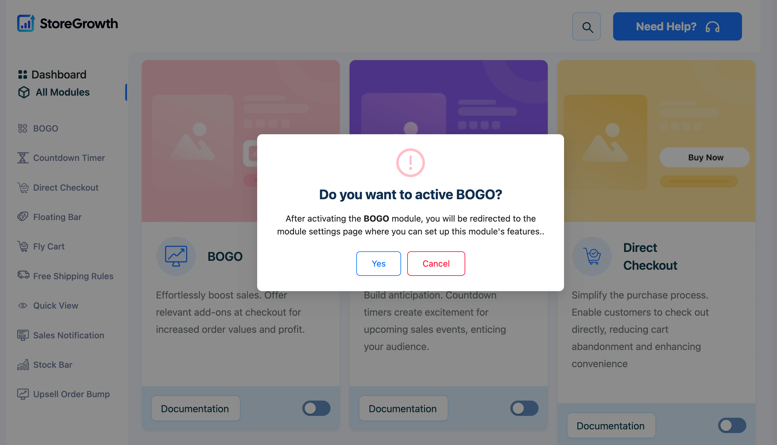 This image shows the intent popup to activate a module in StoreGrowth