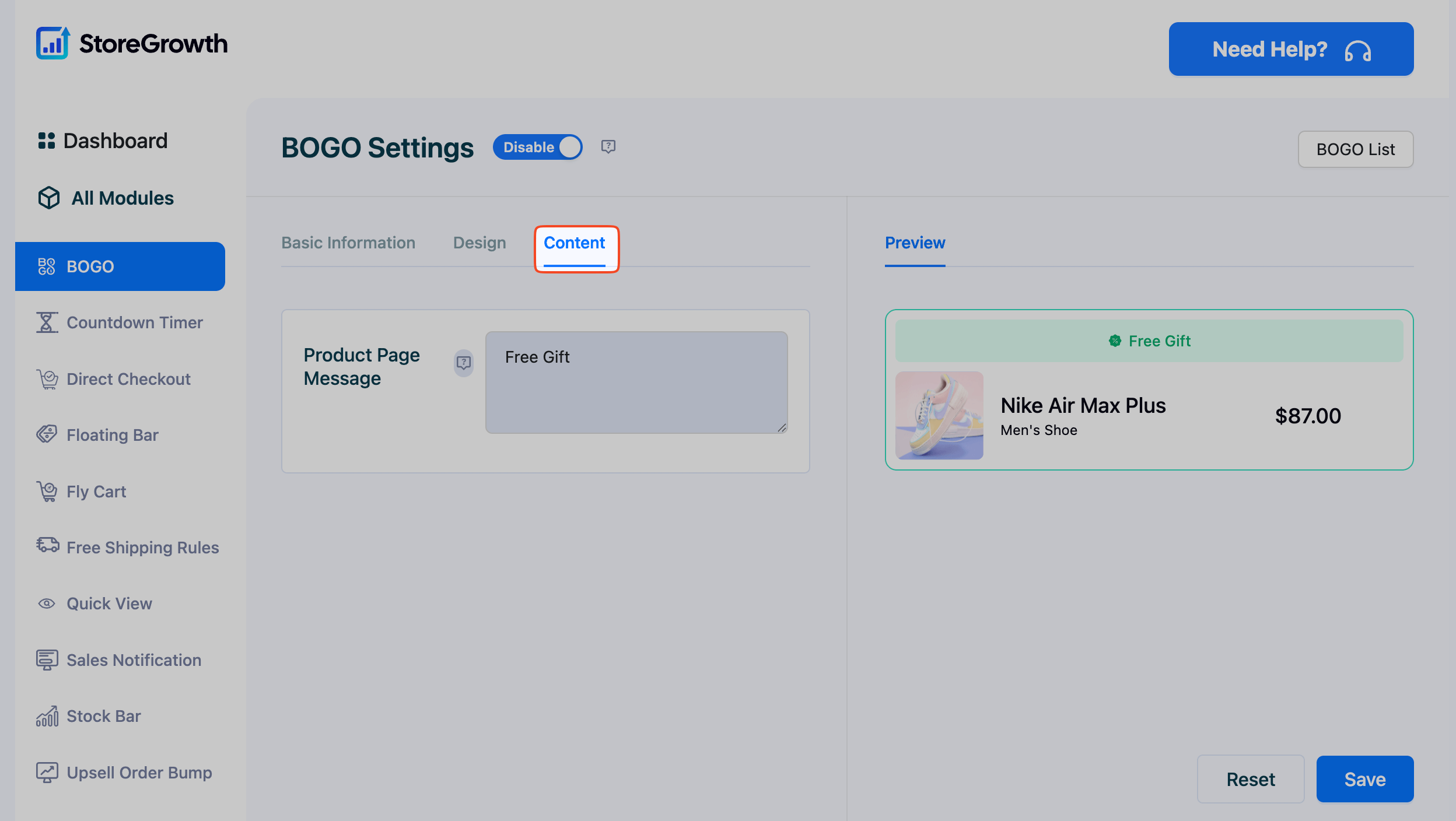 This image shows the the content tab of StoreGrowth BOGO settings