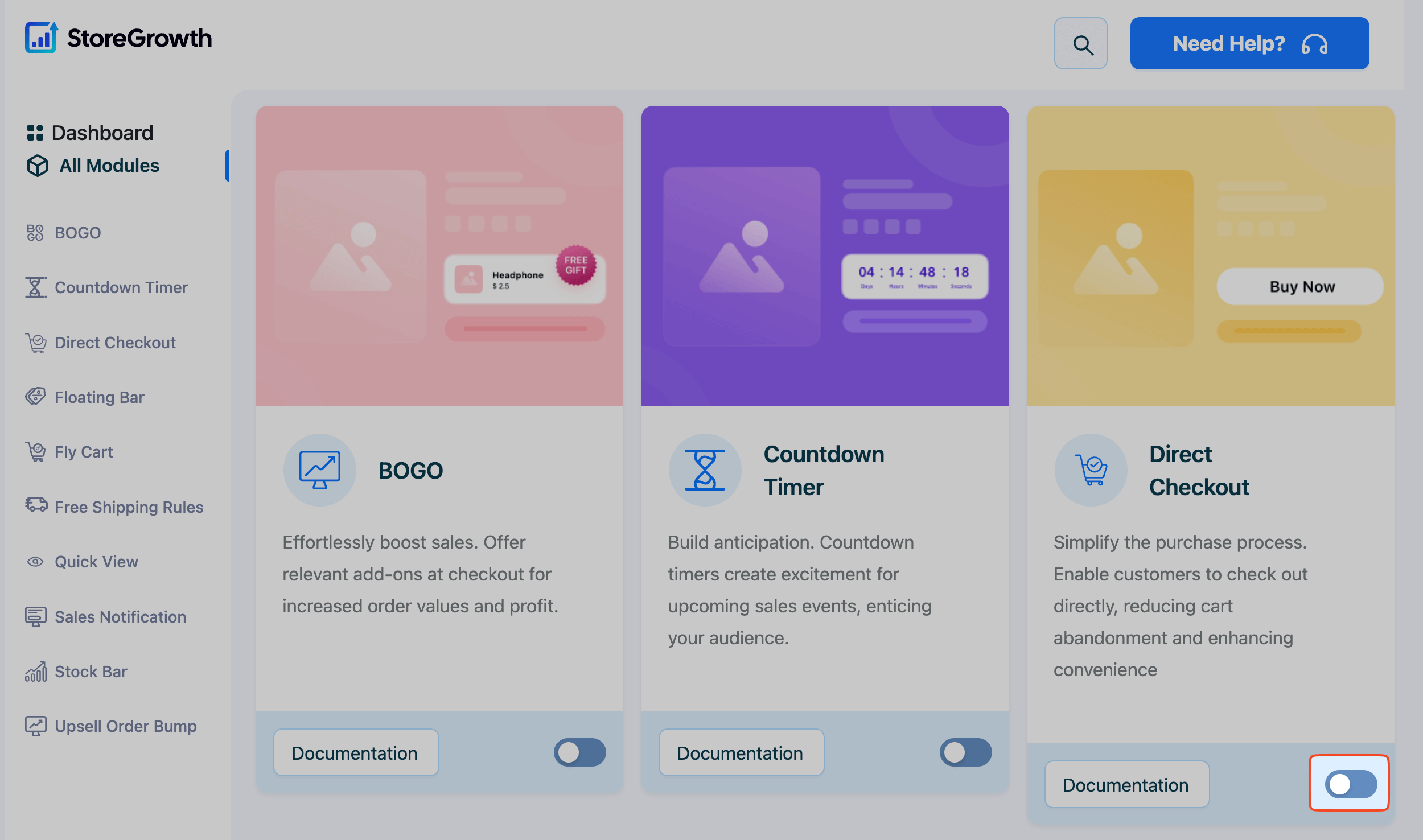 This image shows the toggle button of the Direct Checkout Module in StoreGrowth